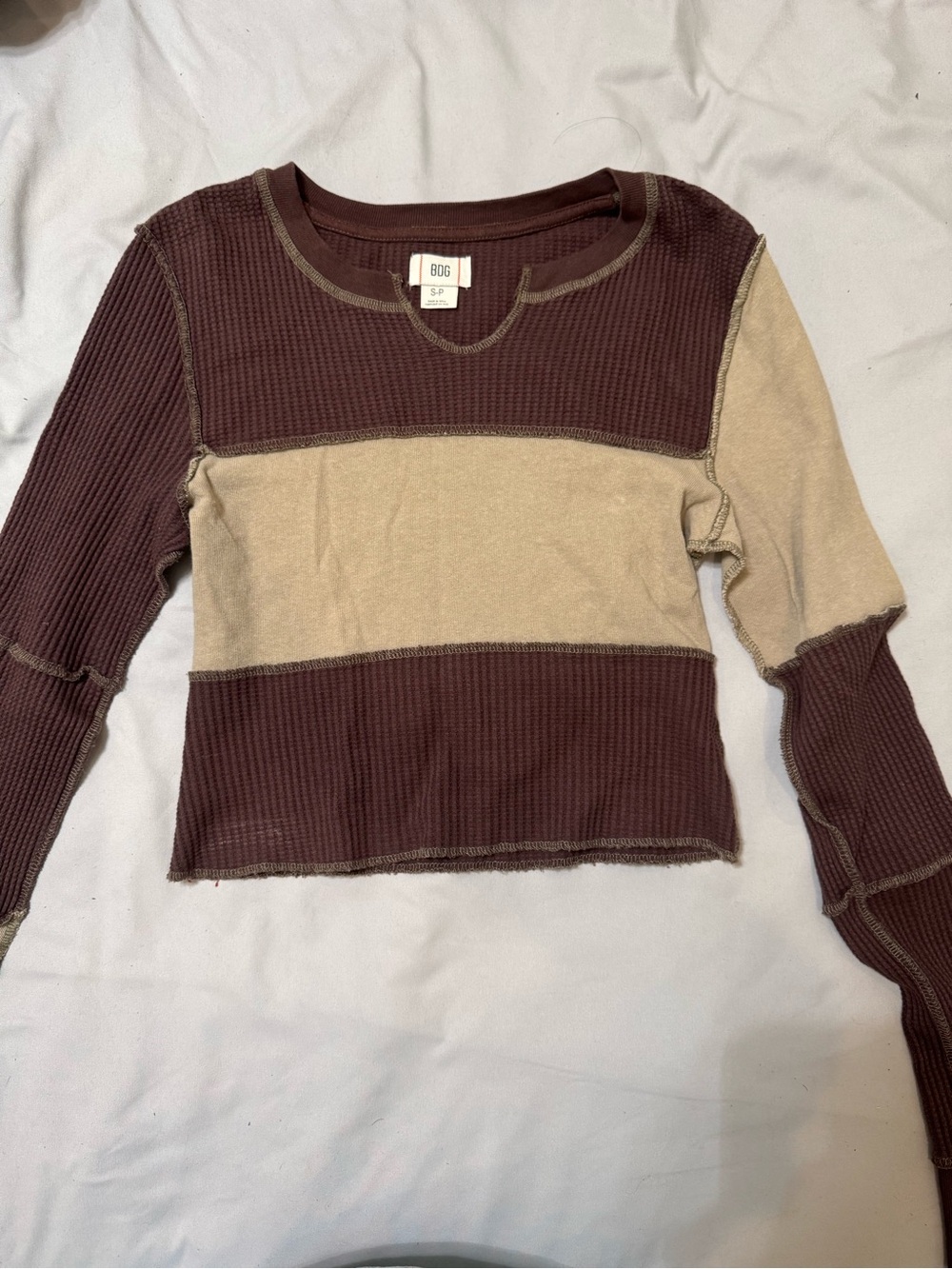 BDG Two-Tone Cropped Thermal Top in Dark Brown and Tan